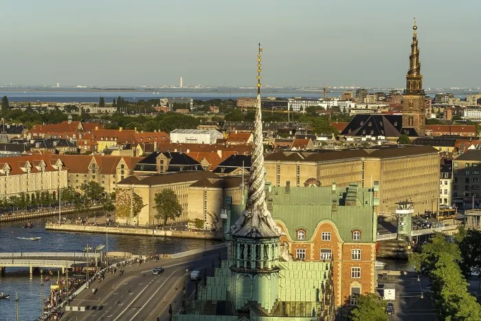 Framed Print : View from the tower of Christiansborg Castle Church to Copenhagen with Borsen
