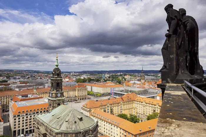 Framed Print : View from the town hall tower over the inner old town to the Kreuzkirche church with the Altmarkt square