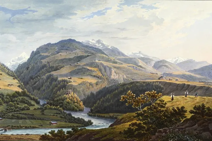 Framed Print : View of the union of the two branches of the Upper Rhine and the Middle Rhine, taken at Disentis Abbey, a Benedictine abbey in Disentis in the canton of Graubuenden in Switzerland, view from around 1830 Framed Print : View of the union of the two branches of the Upper Rhine and the Middle Rhine, taken at Disentis Abbey, a Benedictine abbey in Disentis in the canton of Graubuenden in Switzerland, view from around 1830