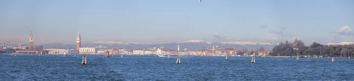 Framed Print : View of Venice from Lido, snow-capped alpine peaks in the back