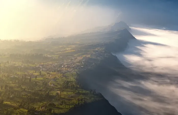 Framed Print : View of the village Cermo Lawang at the edge of the Caldera