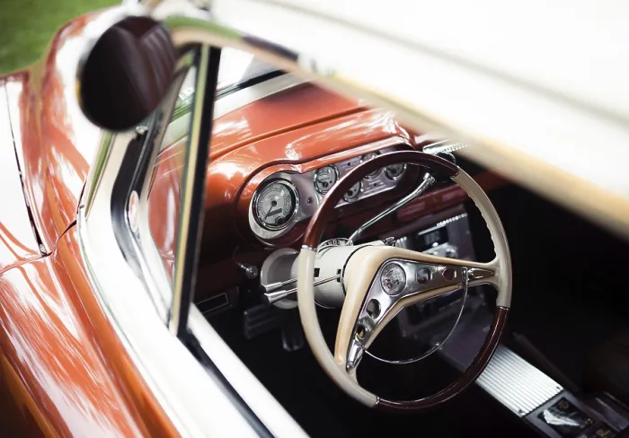 Framed Print : View of a vintage car interior showing the steering wheel and dashboard in St