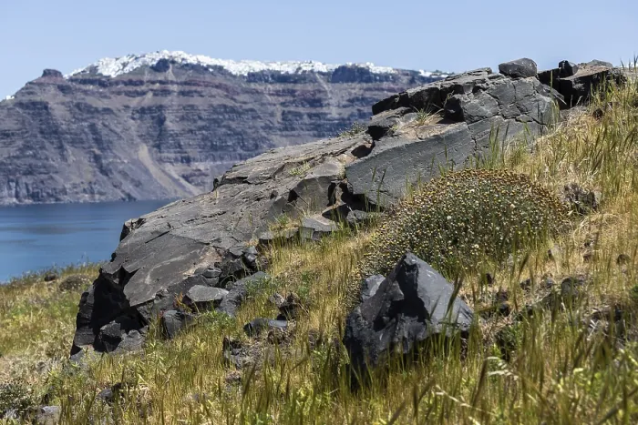 Framed Print : View from the volcanic island of Nea Kameni to the caldera