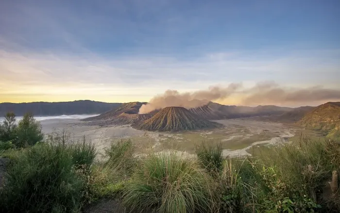 Framed Print : View of volcanic landscape, volcanoes at sunset Framed Print : View of volcanic landscape, volcanoes at sunset