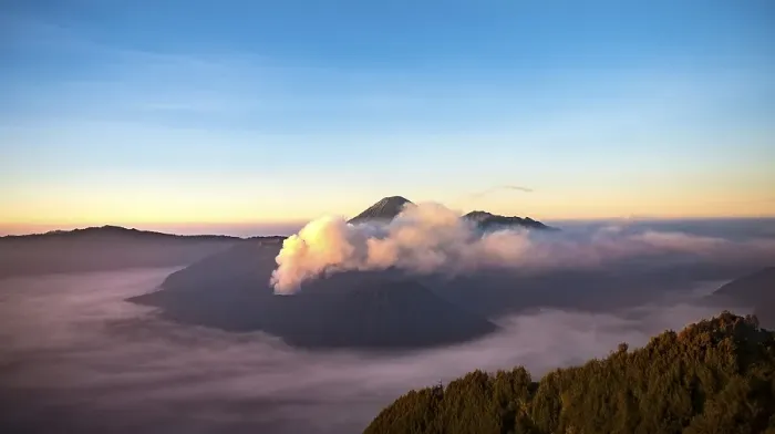 Framed Print : View of volcanoes at sunrise, smoking volcano Gunung Bromo