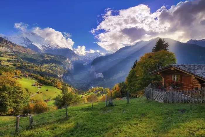 Framed Print : View from Wengen in autumn of the Lauterbrunnen Valley and the Bernese Alps at sunset
