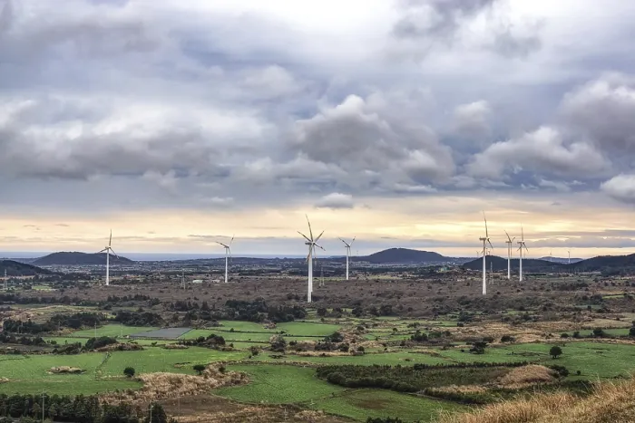 Framed Print : The view of wind turbines taken from Yongnuni Oreum during winter