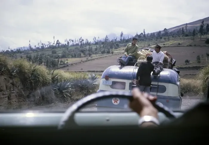 Framed Print : View through the windscreen of a bus, road between Ambato and Banos, Ecuador, South America, 1962, South America