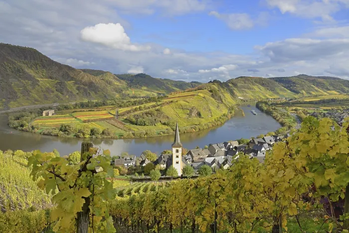 Framed Print : View over the wine village of Bremm am Calmont with St Laurentius Church and the Stuben monastery ruins