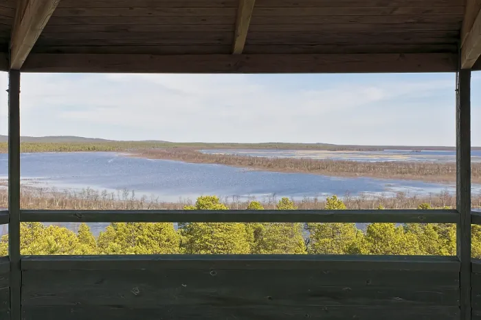 Framed Print : View from wooden Toivoniemi bird watching tower in spring with clouds in the sky