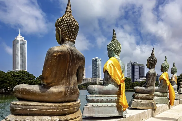 Framed Print : Back views of Buddha statues with yellow fabrics in front of a modern city