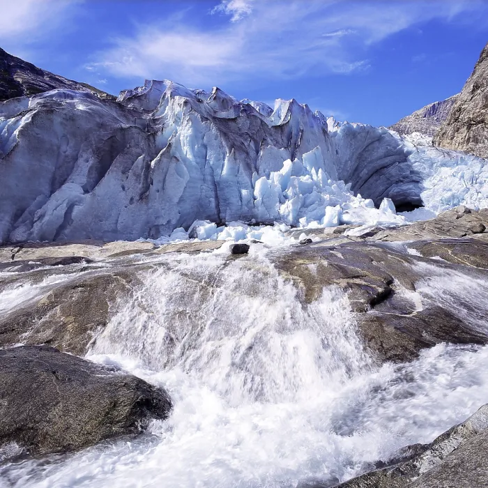Framed Print : A vigourous melt-water stream issuing from the snout of the Nigardsbreen glacier
