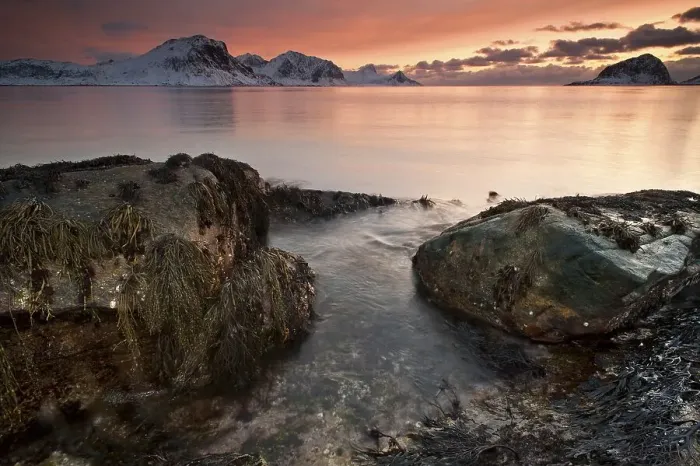 Framed Print : Vikbukta Bay at sunset, near Haukland