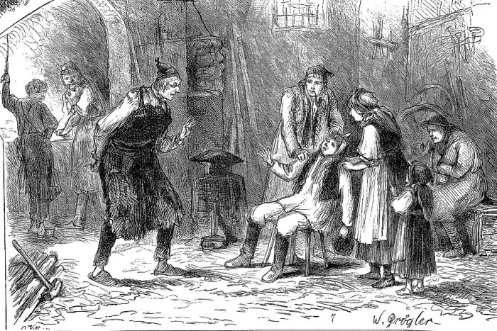 Framed Print : Village dentist, the village blacksmith as a doctor with a suffering patient who is being held by two people