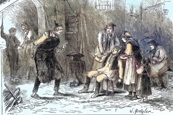 Framed Print : Village dentist, the village blacksmith as a doctor with a suffering patient who is being held by two people Framed Print : Village dentist, the village blacksmith as a doctor with a suffering patient who is being held by two people