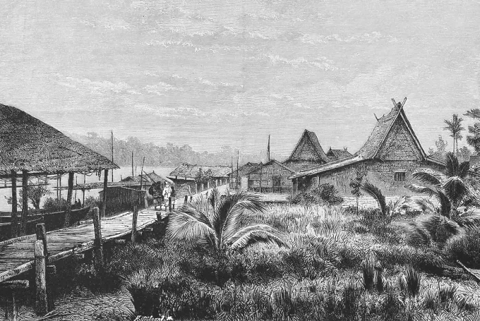 Framed Print : Village on the east coast of the island of Sumatra, Indian Ocean, climate, inner tropics, wooden jetty, thatched houses, boats, people, rich vegetation, high rainfall, palm trees, grasses, travelling in Asia, Indonesia, historical illustration 1887 Framed Print : Village on the east coast of the island of Sumatra, Indian Ocean, climate, inner tropics, wooden jetty, thatched houses, boats, people, rich vegetation, high rainfall, palm trees, grasses, travelling in Asia, Indonesia, historical illustration 1887
