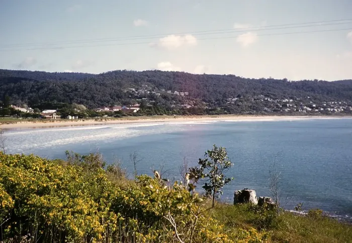 Framed Print : Village houses in a sandy bay with a calm sea, Apollo Bay, Victoria, Australia, 1956, Oceania