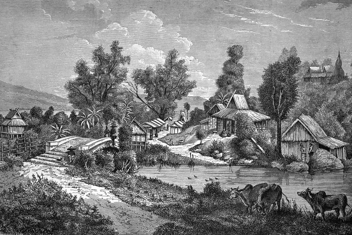 Framed Print : Village scene in Cambodia, historical illustration Framed Print : Village scene in Cambodia, historical illustration