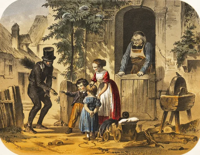 Framed Print : Village scene with chimney sweep