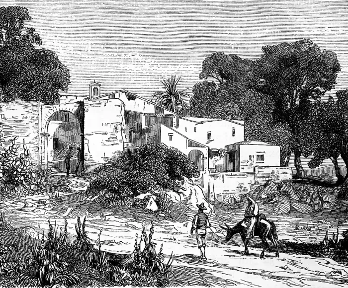 Framed Print : Village scene on the Mediterranean island of Sicily, building with small church, Tor tor, whitewashed houses, sandy path, packhorse, locals, trees, palm tree, geography, Italy, historical illustration 1888, Europe