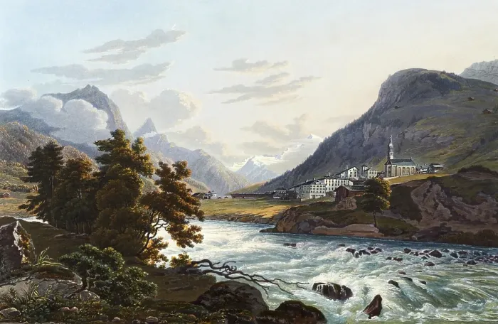 Framed Print : The village of Spluegen, looking towards the Rheinwald glacier, Viamala region in the Swiss canton of Graubuenden, Switzerland, view from around 1830