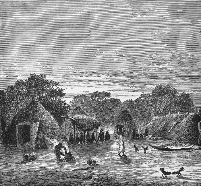 Framed Print : Village view with huts in the tropics, locals sitting in the shade, woman carrying a bowl on her head, free-range chickens, travelling, Togo, historical illustration 1886, Africa