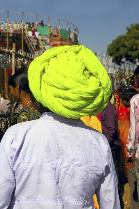 Framed Print : Villager wearing green color turban at pushkar fair