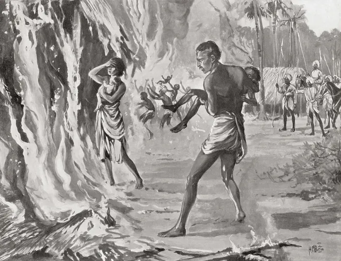 Framed Print : Villagers in India sacrificing themselves on fire to avoid cruel raiding Pindaris