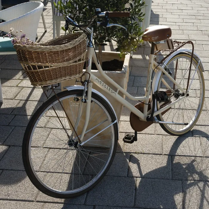 Framed Print : Vintage bicycle with basket parked on street Framed Print : Vintage bicycle with basket parked on street
