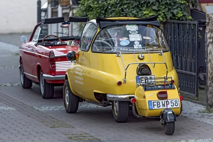 Framed Print : Vintage BMW Isetta 300 motor coupe with trailer