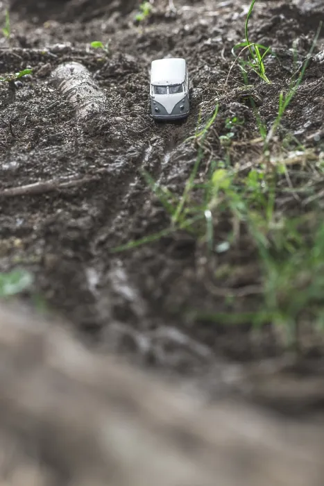 Framed Print : Vintage bus VW. Small metal toy in the nature