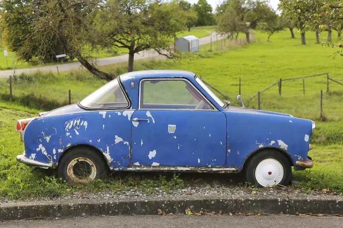 Framed Print : Vintage car, blue Goggomobil, damaged paint