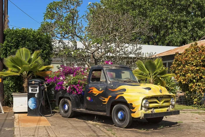 Framed Print : Vintage car decorated with flowers