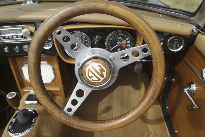 Framed Print : Vintage car MG with wooden steering wheel