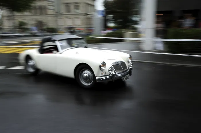 Framed Print : Vintage car in motion, Switzerland, Europe