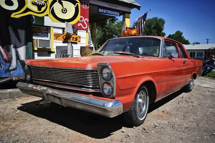 Framed Print : Vintage car on the side of the old Route 66