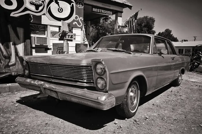 Framed Print : Vintage car on the side of the old Route 66