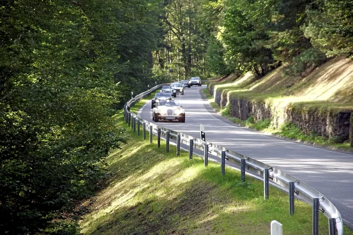 Framed Print : Several vintage cars drive on a winding country road through a sunny forest