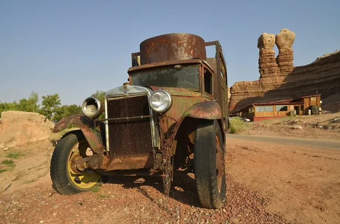 Framed Print : Vintage Chevrolet Chevy truck in front of Twin Rocks Trading Post