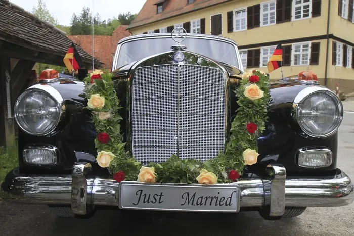 Framed Print : Vintage Mercedes Benz 300 car with wedding decorations Framed Print : Vintage Mercedes Benz 300 car with wedding decorations