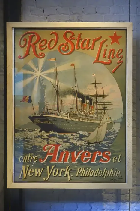 Framed Print : Vintage poster of the Red Star Line showing the passenger ship sailing under Belgian flag between Antwerp