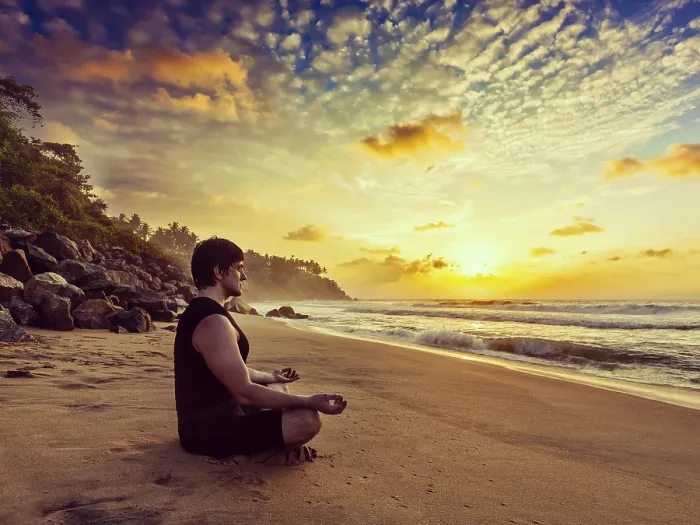 Framed Print : Vintage retro effect hipster style image of sporty fit man doing yoga meditating in padmasana lotus pose on tropical Framed Print : Vintage retro effect hipster style image of sporty fit man doing yoga meditating in padmasana lotus pose on tropical