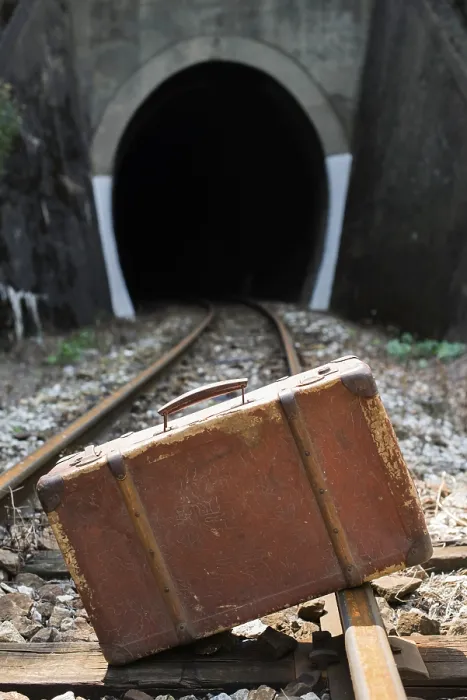 Framed Print : Vintage suitcase on railway road and tunnel