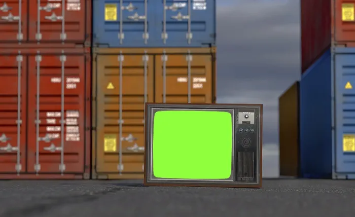 Framed Print : Vintage television with chroma green screen resting on shipping dock asphalt amongst stacked shipping containers