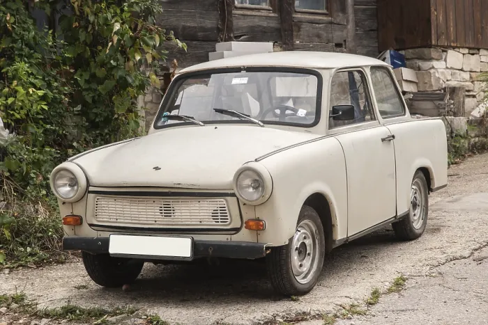 Framed Print : Vintage Trabant car in Eastern Europe village closeup