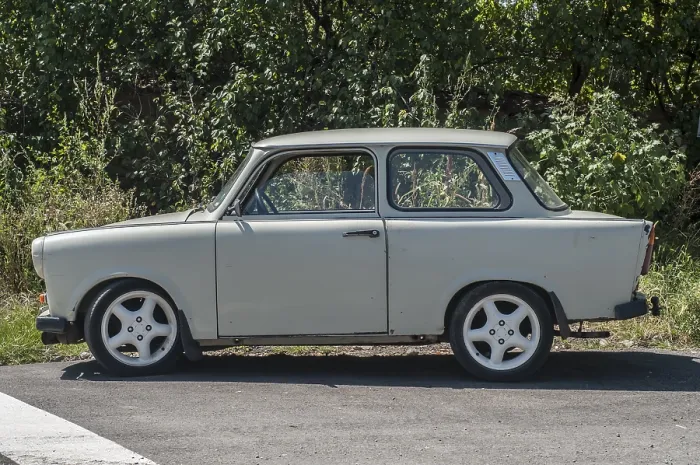 Framed Print : Vintage Trabant car side view closeup in sunny day