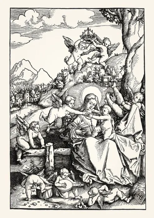 Framed Print : The Virgin Mary and the Child Jesus with angels in a landscape Framed Print : The Virgin Mary and the Child Jesus with angels in a landscape