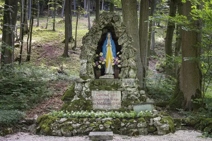 Framed Print : Virgin Mary statue, World War I memorial in the woods Framed Print : Virgin Mary statue, World War I memorial in the woods