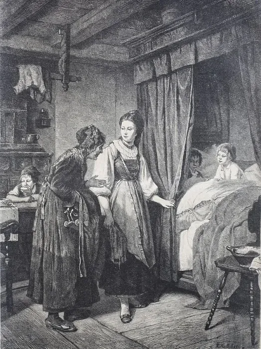 Framed Print : Visit of the old godmother to the godchildren who are still in bed