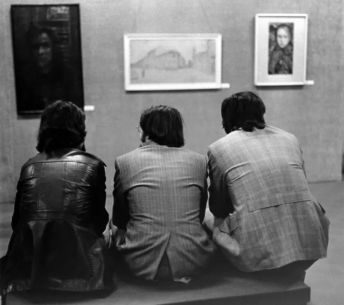 Framed Print : Visitors at an art exhibition, about 1976 Framed Print : Visitors at an art exhibition, about 1976